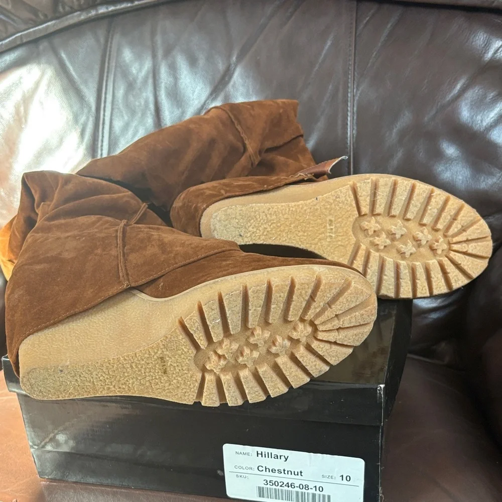 JustFab Chestnut Suede Knee-High Wedge Boots - Picture 5 of 8